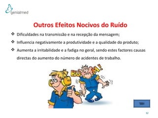 32 
Outros Efeitos Nocivos do Ruído 
 Dificuldades na transmissão e na recepção da mensagem; 
 Influencia negativamente a produtividade e a qualidade do produto; 
 Aumenta a irritabilidade e a fadiga no geral, sendo estes factores causas 
directas do aumento do número de acidentes de trabalho. 
 
