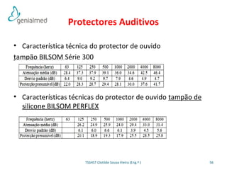 Protectores Auditivos 
• Característica técnica do protector de ouvido 
tampão BILSOM Série 300 
• Características técnicas do protector de ouvido tampão de 
silicone BILSOM PERFLEX 
TSSHST Clotilde Sousa Vieira (Eng.ª ) 56 
 