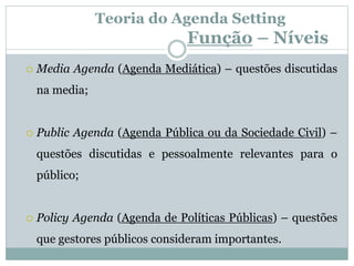 Teoria do Agenda Setting
Função – Níveis
 Media Agenda (Agenda Mediática) – questões discutidas
na media;
 Public Agenda (Agenda Pública ou da Sociedade Civil) –
questões discutidas e pessoalmente relevantes para o
público;
 Policy Agenda (Agenda de Políticas Públicas) – questões
que gestores públicos consideram importantes.
 