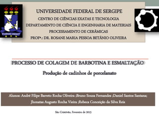 UNIVERSIDADE FEDERAL DE SERGIPE
CENTRO DE CIÊNCIAS EXATAS E TECNOLOGIA
DEPARTAMENTO DE CIÊNCIA E ENGENHARIA DE MATERIAIS
PROCESSAMENTO DE CERÂMICAS
PROFª.: DR. ROSANE MARIA PESSOA BETÂNIO OLIVEIRA
PROCESSO DE COLAGEM DE BARBOTINA E ESMALTAÇÃO
Produção de cadinhos de porcelanato
Alunos: André Filipe Barreto Rocha Oliveira ;Bruno Souza Fernandes ;Daniel Santos Santana;
Jhonatas Augusto Rocha Vieira ;Rebeca Conceição da Silva Reis
São Cristóvão, Fevereiro de 2015
 