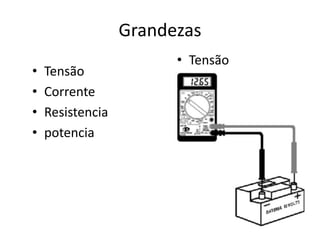 Grandezas
• Tensão
• Tensão
• Corrente
• Resistencia
• potencia
 