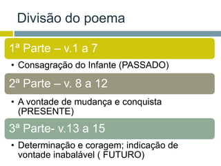 Divisão do poema
1ª Parte – v.1 a 7
• Consagração do Infante (PASSADO)
2ª Parte – v. 8 a 12
• A vontade de mudança e conquista
(PRESENTE)
3ª Parte- v.13 a 15
• Determinação e coragem; indicação de
vontade inabalável ( FUTURO)
 