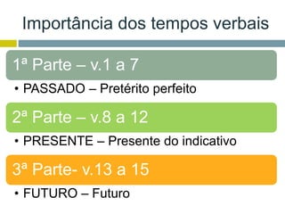 Importância dos tempos verbais
1ª Parte – v.1 a 7
• PASSADO – Pretérito perfeito
2ª Parte – v.8 a 12
• PRESENTE – Presente do indicativo
3ª Parte- v.13 a 15
• FUTURO – Futuro
 