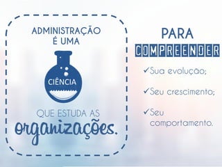 CIÊNCIA
ADMINISTRAÇÃO
É UMA
QUE ESTUDA AS
organizações,
PARA
COMPREENDER
Sua evolução;
Seu crescimento;
Seu
comportamento.
 