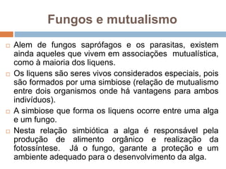 Fungos e mutualismo
 Alem de fungos saprófagos e os parasitas, existem
ainda aqueles que vivem em associações mutualística,
como à maioria dos liquens.
 Os liquens são seres vivos considerados especiais, pois
são formados por uma simbiose (relação de mutualismo
entre dois organismos onde há vantagens para ambos
indivíduos).
 A simbiose que forma os liquens ocorre entre uma alga
e um fungo.
 Nesta relação simbiótica a alga é responsável pela
produção de alimento orgânico e realização da
fotossíntese. Já o fungo, garante a proteção e um
ambiente adequado para o desenvolvimento da alga.
 