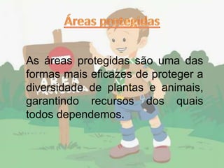 As áreas protegidas são uma das
formas mais eficazes de proteger a
diversidade de plantas e animais,
garantindo recursos dos quais
todos dependemos.
 