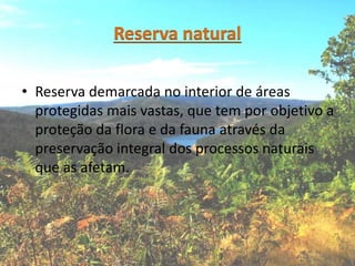 • Reserva demarcada no interior de áreas
protegidas mais vastas, que tem por objetivo a
proteção da flora e da fauna através da
preservação integral dos processos naturais
que as afetam.
 