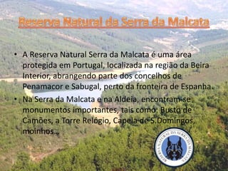 • A Reserva Natural Serra da Malcata é uma área
protegida em Portugal, localizada na região da Beira
Interior, abrangendo parte dos concelhos de
Penamacor e Sabugal, perto da fronteira de Espanha.
• Na Serra da Malcata e na Aldeia, encontram-se
monumentos importantes, tais como: Busto de
Camões, a Torre Relógio, Capela de S.Domingos,
moinhos…
 