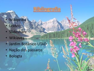 • Wikipedia
• Lextec
• Slideshare
• Wikiaves
• Jardim Botânico UTAD
• Nação dos pássaros
• Bologta
 