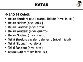 KATAS
 SÃO 26 KATAS:
• Heian Shodan: paz e tranquilidade (nivel inicial)
• Heian Nidan: (nivel dois )
• Heian Sandan: (nivel tres)
• Heian Yondan: (nivel quatro)
• Heian Godan: ( nivel cinco)
• Tekki Shodan: cavaleiro de ferro (nivel inicial)
• Tekki Nidan: (nivel dois)
• Tekki Sandan: (nivel tres)
• Bassai Dai: romper fortaleza
 