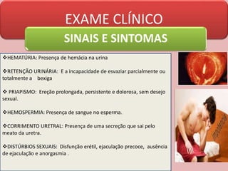 EXAME CLÍNICO
SINAIS E SINTOMAS
HEMATÚRIA: Presença de hemácia na urina
RETENÇÃO URINÁRIA: E a incapacidade de esvaziar parcialmente ou
totalmente a bexiga
 PRIAPISMO: Ereção prolongada, persistente e dolorosa, sem desejo
sexual.
HEMOSPERMIA: Presença de sangue no esperma.
CORRIMENTO URETRAL: Presença de uma secreção que sai pelo
meato da uretra.
DISTÚRBIOS SEXUAIS: Disfunção erétil, ejaculação precoce, ausência
de ejaculação e anorgasmia .
 