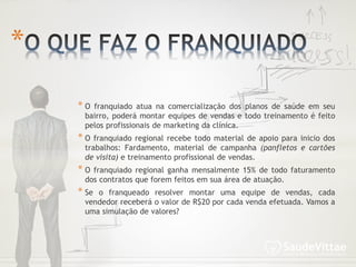 * O franquiado atua na comercialização dos planos de saúde em seu
bairro, poderá montar equipes de vendas e todo treinamento é feito
pelos profissionais de marketing da clínica.
* O franquiado regional recebe todo material de apoio para inicio dos
trabalhos: Fardamento, material de campanha (panfletos e cartões
de visita) e treinamento profissional de vendas.
* O franquiado regional ganha mensalmente 15% de todo faturamento
dos contratos que forem feitos em sua área de atuação.
* Se o franqueado resolver montar uma equipe de vendas, cada
vendedor receberá o valor de R$20 por cada venda efetuada. Vamos a
uma simulação de valores?
*
 