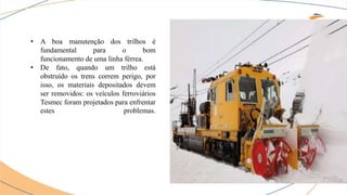 • A boa manutenção dos trilhos é
fundamental para o bom
funcionamento de uma linha férrea.
• De fato, quando um trilho está
obstruído os trens correm perigo, por
isso, os materiais depositados devem
ser removidos: os veículos ferroviários
Tesmec foram projetados para enfrentar
estes problemas.
 
