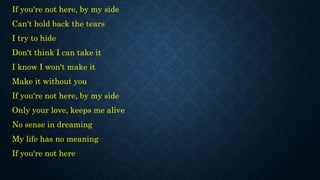 If you're not here, by my side
Can't hold back the tears
I try to hide
Don't think I can take it
I know I won't make it
Make it without you
If you're not here, by my side
Only your love, keeps me alive
No sense in dreaming
My life has no meaning
If you're not here
 