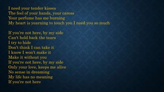 I need your tender kisses
The feel of your hands, your caress
Your perfume has me burning
My heart is yearning to touch you I need you so much
If you're not here, by my side
Can't hold back the tears
I try to hide
Don't think I can take it
I know I won't make it
Make it without you
If you're not here, by my side
Only your love, keeps me alive
No sense in dreaming
My life has no meaning
If you're not here
 