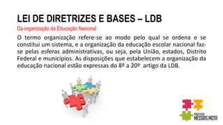 LEI DE DIRETRIZES E BASES – LDB
Da organização da Educação Nacional
O termo organização refere-se ao modo pelo qual se ordena e se
constitui um sistema, e a organização da educação escolar nacional faz-
se pelas esferas administrativas, ou seja, pela União, estados, Distrito
Federal e municípios. As disposições que estabelecem a organização da
educação nacional estão expressas do 8º a 20º artigo da LDB.
 