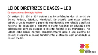 LEI DE DIRETRIZES E BASES – LDB
Da organização da Educação Nacional
Os artigos 9º, 10º e 11º tratam das incumbências dos sistemas de
Ensino Federal, Estadual, Municipal. De acordo com esses artigos
caberá a União exercer o papel de coordenação em relação a política
nacional de educação e elaborar o Plano nacional de educação em
colaboração com os estados o distrito federal e os municípios. Ao
Estado cabe baixar normas complementares para o seu sistema de
ensino; assegurar o ensino fundamental e oferecer com prioridade o
ensino médio.
 