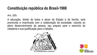 Constituição república do Brasil-1988
Art. 205
A educação, direito de todos e dever do Estado e da família, será
promovida e incentivada com a colaboração da sociedade, visando ao
pleno desenvolvimento da pessoa, seu preparo para o exercício da
cidadania e sua qualificação para o trabalho.
 