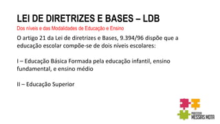 LEI DE DIRETRIZES E BASES – LDB
Dos níveis e das Modalidades de Educação e Ensino
O artigo 21 da Lei de diretrizes e Bases, 9.394/96 dispõe que a
educação escolar compõe-se de dois níveis escolares:
I – Educação Básica Formada pela educação infantil, ensino
fundamental, e ensino médio
II – Educação Superior
 