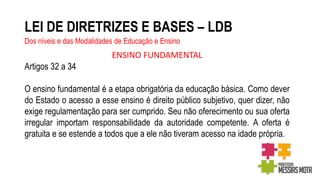 LEI DE DIRETRIZES E BASES – LDB
Dos níveis e das Modalidades de Educação e Ensino
ENSINO FUNDAMENTAL
Artigos 32 a 34
O ensino fundamental é a etapa obrigatória da educação básica. Como dever
do Estado o acesso a esse ensino é direito público subjetivo, quer dizer, não
exige regulamentação para ser cumprido. Seu não oferecimento ou sua oferta
irregular importam responsabilidade da autoridade competente. A oferta é
gratuita e se estende a todos que a ele não tiveram acesso na idade própria.
 