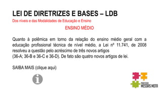 LEI DE DIRETRIZES E BASES – LDB
Dos níveis e das Modalidades de Educação e Ensino
ENSINO MÉDIO
Quanto à polêmica em torno da relação do ensino médio geral com a
educação profissional técnica de nível médio, a Lei nº 11.741, de 2008
resolveu a questão pelo acréscimo de três novos artigos
(36-A; 36-B e 36-C e 36-D). De fato são quatro novos artigos de lei.
SAIBA MAIS (clique aqui)
 