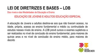 LEI DE DIRETRIZES E BASES – LDB
Dos níveis e das Modalidades de Educação e Ensino
EDUCAÇÃO DE JOVENS E ADULTOS EDUCAÇÃO ESPECIAL
A educação de Jovens e adultos destina-se aos que não tiveram acesso, na
idade, própria, acesso ao ensino fundamental e médio ou continuidade de
estudos nesses níveis de ensino. A LDB prevê cursos e exames supletivos a
ser realizados no nível de conclusão do ensino fundamental, para maiores de
quinze anos e no nível de conclusão do ensino médio, para maiores de
dezoito
 