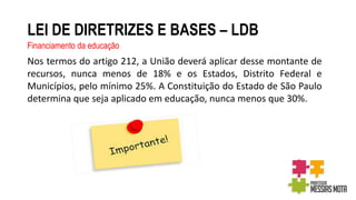 LEI DE DIRETRIZES E BASES – LDB
Financiamento da educação
Nos termos do artigo 212, a União deverá aplicar desse montante de
recursos, nunca menos de 18% e os Estados, Distrito Federal e
Municípios, pelo mínimo 25%. A Constituição do Estado de São Paulo
determina que seja aplicado em educação, nunca menos que 30%.
 