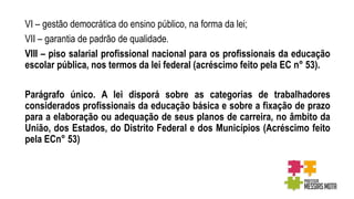 VI – gestão democrática do ensino público, na forma da lei;
VII – garantia de padrão de qualidade.
VIII – piso salarial profissional nacional para os profissionais da educação
escolar pública, nos termos da lei federal (acréscimo feito pela EC n° 53).
Parágrafo único. A lei disporá sobre as categorias de trabalhadores
considerados profissionais da educação básica e sobre a fixação de prazo
para a elaboração ou adequação de seus planos de carreira, no âmbito da
União, dos Estados, do Distrito Federal e dos Municípios (Acréscimo feito
pela ECn° 53)
 