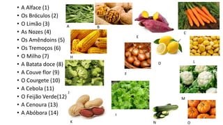 • A Alface (1)
• Os Bróculos (2)
• O Limão (3)
• As Nozes (4)
• Os Amêndoins (5)
• Os Tremoços (6)
• O Milho (7)
• A Batata doce (8)
• A Couve flor (9)
• O Courgete (10)
• A Cebola (11)
• O Feijão Verde(12)
• A Cenoura (13)
• A Abóbora (14)
A B
C
D
E
F
H
I
J
K
L
M
N O
 