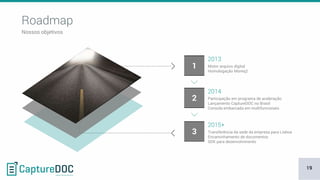 Nossos objetivos
Roadmap
2013
Motor arquivo digital
Homologação Moreq2
2015+
Transferência da sede da empresa para Lisboa
Encaminhamento de documentos
SDK para desenvolvimento
2014
Participação em programa de aceleração
Lançamento CaptureDOC no Brasil
Consola embarcada em multifuncionais
1
2
3
19
 