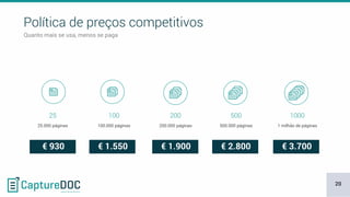 Política de preços competitivos
Quanto mais se usa, menos se paga
25
25.000 páginas
100
100.000 páginas
200
200.000 páginas
500
500.000 páginas
1000
1 milhão de páginas
€ 930 € 1.550 € 1.900 € 2.800 € 3.700
20
 