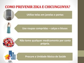 COMO PREVENIRZIKA E CHICUNGUNYA?
Utilize telas em janelas e portas
Use roupas compridas – calças e blusas
Não tome qualquer medicamento por conta
própria.
Procure a Unidade Básica de Saúde
 