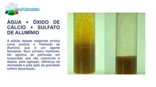 ÁGUA + ÓXIDO DE
CÁLCIO + SULFATO
DE ALUMÍNIO
A adição desses reagentes produz
como produto o Hidróxido de
Alumínio que é um agente
floculante. Num primeiro momento,
ele aglutina as partículas em
suspensão que vão crescendo e
depois, pela agitação, diferença de
densidade e pela ação da gravidade
sofrem decantação.
 