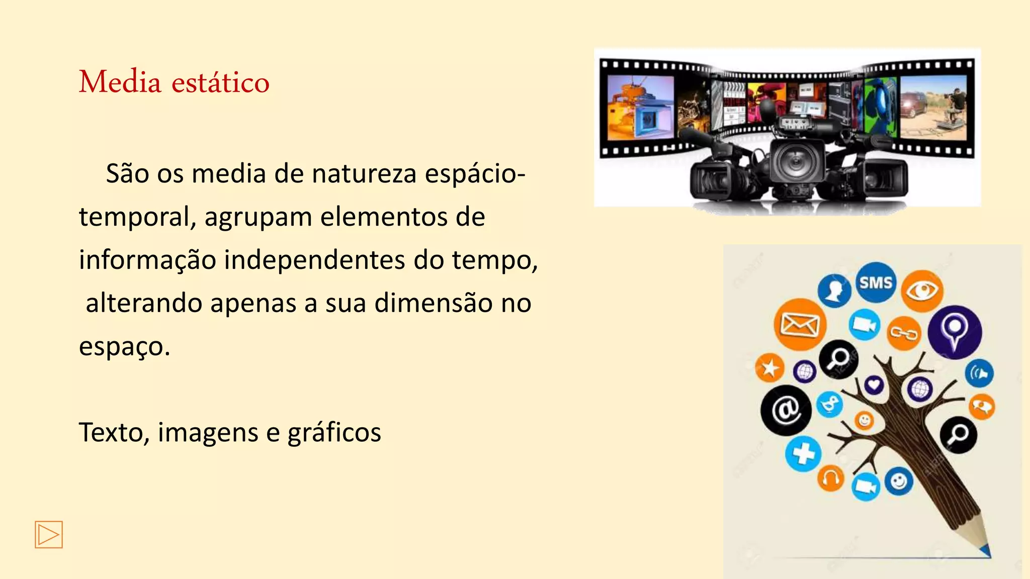 Media estático
São os media de natureza espácio-
temporal, agrupam elementos de
informação independentes do tempo,
alterando apenas a sua dimensão no
espaço.
Texto, imagens e gráficos
 