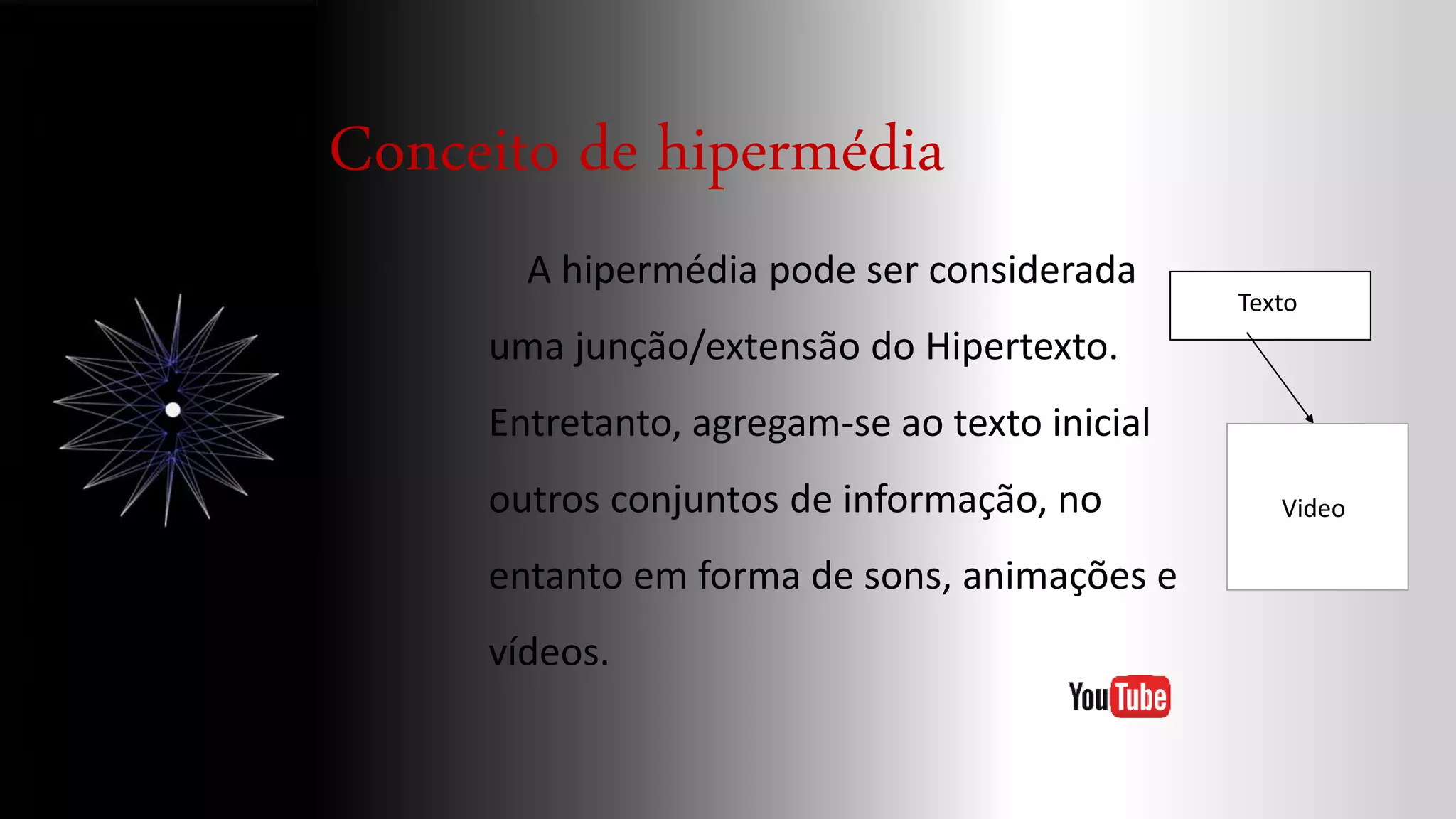 Conceito de hipermédia
A hipermédia pode ser considerada
uma junção/extensão do Hipertexto.
Entretanto, agregam-se ao texto inicial
outros conjuntos de informação, no
entanto em forma de sons, animações e
vídeos.
Texto
Video
 