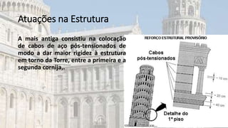Atuações na Estrutura
A mais antiga consistiu na colocação
de cabos de aço pós-tensionados de
modo a dar maior rigidez à estrutura
em torno da Torre, entre a primeira e a
segunda cornija,.
 