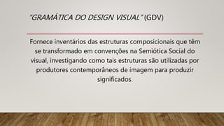 “GRAMÁTICA DO DESIGN VISUAL” (GDV)
Fornece inventários das estruturas composicionais que têm
se transformado em convenções na Semiótica Social do
visual, investigando como tais estruturas são utilizadas por
produtores contemporâneos de imagem para produzir
significados.
 