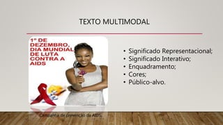 TEXTO MULTIMODAL
• Significado Representacional;
• Significado Interativo;
• Enquadramento;
• Cores;
• Público-alvo.
Campanha de prevenção da AIDS.
 