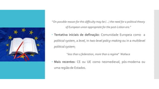 “On possible reason for this difficulty may be (…) the need for a political theory
of European union appropriate for the post-Lisbon era.”
 Tentativa iniciais de definação: Comunidade Europeia como a
political system, a level, in two-level policy-making ou in a multilevel
political system;
“less than a federation, more than a regime” Wallace
 Mais recentes: CE ou UE como neomedieval, pós-moderna ou
uma região de Estados.
 
