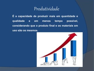 Produtividade
É a capacidade de produzir mais em quantidade e
qualidade e em menos tempo possível,
considerando que o produto final e os materiais em
uso são os mesmos.
 