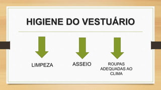 HIGIENE DO VESTUÁRIO
LIMPEZA ASSEIO ROUPAS
ADEQUADAS AO
CLIMA
 