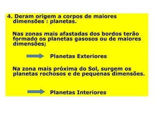 4. Deram origem a corpos de maiores
dimensões : planetas.
Nas zonas mais afastadas dos bordos terão
formado os planetas gasosos ou de maiores
dimensões;
Planetas Exteriores
Na zona mais próxima do Sol, surgem os
planetas rochosos e de pequenas dimensões.
Planetas Interiores
 