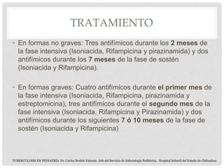 • En formas no graves: Tres antifímicos durante los 2 meses de
la fase intensiva (Isoniacida, Rifampicina y pirazinamida) y dos
antifímicos durante los 7 meses de la fase de sostén
(Isoniacida y Rifampicina).
• En formas graves: Cuatro antifímicos durante el primer mes de
la fase intensiva (Isoniacida, Rifampicina, pirazinamida y
estreptomicina), tres antifímicos durante el segundo mes de la
fase intensiva (Isoniacida, Rifampicina y Pirazinamida) y dos
antifímicos durante los siguientes 7 ó 10 meses de la fase de
sostén (Isoniacida y Rifampicina)
TRATAMIENTO
TUBERCULOSIS EN PEDIATRÍA Dr. Carlos Nesbitt Falomir. Jefe del Servicio de Infectología Pediátrica. Hospital Infantil del Estado de Chihuahua
 