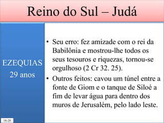 Reino do Sul – Judá
EZEQUIAS
29 anos
• Seu erro: fez amizade com o rei da
Babilônia e mostrou-lhe todos os
seus tesouros e riquezas, tornou-se
orgulhoso (2 Cr 32. 25).
• Outros feitos: cavou um túnel entre a
fonte de Giom e o tanque de Siloé a
fim de levar água para dentro dos
muros de Jerusalém, pelo lado leste.
18-20
 