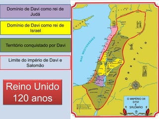 Domínio de Davi como rei de
Judá
Domínio de Davi como rei de
Israel
Território conquistado por Davi
Limite do império de Davi e
Salomão
Reino Unido
120 anos
 