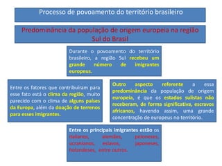 Processo de povoamento do território brasileiro
Predominância da população de origem europeia na região
Sul do Brasil
Durante o povoamento do território
brasileiro, a região Sul recebeu um
grande número de imigrantes
europeus.
Entre os fatores que contribuíram para
esse fato está o clima da região, muito
parecido com o clima de alguns países
da Europa, além da doação de terrenos
para esses imigrantes.
Outro aspecto referente a essa
predominância da população de origem
europeia, é que os estados sulistas não
receberam, de forma significativa, escravos
africanos, havendo assim, uma grande
concentração de europeus no território.
Entre os principais imigrantes estão os
italianos, alemães, poloneses,
ucranianos, eslavos, japoneses,
holandeses, entre outros.
 