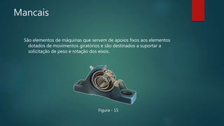 Mancais
São elementos de máquinas que servem de apoios fixos aos elementos
dotados de movimentos giratórios e são destinados a suportar a
solicitação de peso e rotação dos eixos.
Figura - 15
 