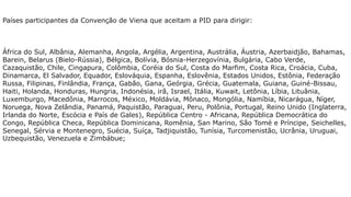 Países participantes da Convenção de Viena que aceitam a PID para dirigir:
África do Sul, Albânia, Alemanha, Angola, Argélia, Argentina, Austrália, Áustria, Azerbaidjão, Bahamas,
Barein, Belarus (Bielo-Rússia), Bélgica, Bolívia, Bósnia-Herzegovínia, Bulgária, Cabo Verde,
Cazaquistão, Chile, Cingapura, Colômbia, Coréia do Sul, Costa do Marfim, Costa Rica, Croácia, Cuba,
Dinamarca, El Salvador, Equador, Eslováquia, Espanha, Eslovênia, Estados Unidos, Estônia, Federação
Russa, Filipinas, Finlândia, França, Gabão, Gana, Geórgia, Grécia, Guatemala, Guiana, Guiné-Bissau,
Haiti, Holanda, Honduras, Hungria, Indonésia, irã, Israel, Itália, Kuwait, Letônia, Líbia, Lituânia,
Luxemburgo, Macedônia, Marrocos, México, Moldávia, Mônaco, Mongólia, Namíbia, Nicarágua, Níger,
Noruega, Nova Zelândia, Panamá, Paquistão, Paraguai, Peru, Polônia, Portugal, Reino Unido (Inglaterra,
Irlanda do Norte, Escócia e País de Gales), República Centro - Africana, República Democrática do
Congo, República Checa, República Dominicana, Romênia, San Marino, São Tomé e Príncipe, Seichelles,
Senegal, Sérvia e Montenegro, Suécia, Suíça, Tadjiquistão, Tunísia, Turcomenistão, Ucrânia, Uruguai,
Uzbequistão, Venezuela e Zimbábue;
 