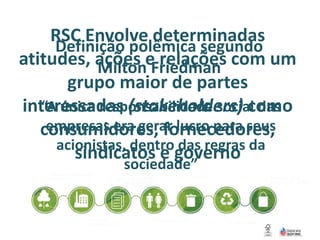 RSC Envolve determinadas
atitudes, ações e relações com um
grupo maior de partes
interessadas (stakeholders) como
consumidores, fornecedores,
sindicatos e governo
Definição polêmica segundo
Milton Friedman
“A única responsabilidade social das
empresas era gerar lucro para seus
acionistas, dentro das regras da
sociedade”
 
