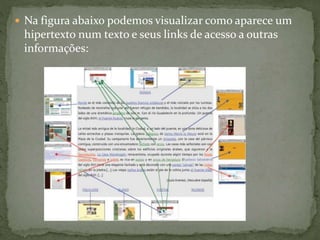  Na figura abaixo podemos visualizar como aparece um
hipertexto num texto e seus links de acesso a outras
informações:
 